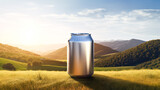 A large can of a drink against a background of nature and mountains
