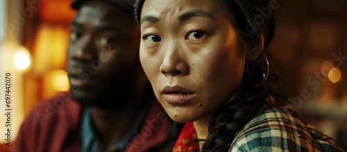 An anxious Asian woman becomes scared when speaking a foreign language with an African foreigner. photo