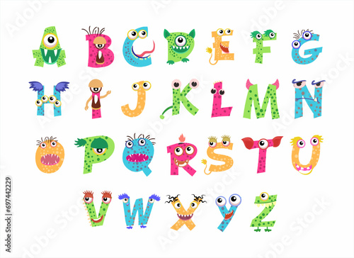 Monster Numbers Alphabet, letters. Monster alphabet. Set of cute monster Alphabet in cartoon style. Cartoon monsters font and alphabet. alphabet with funny monsters, faces and eyes.