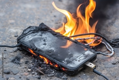 Mobile phone after battery explosion. Smartphone burn. Mobile phone caught fire photo