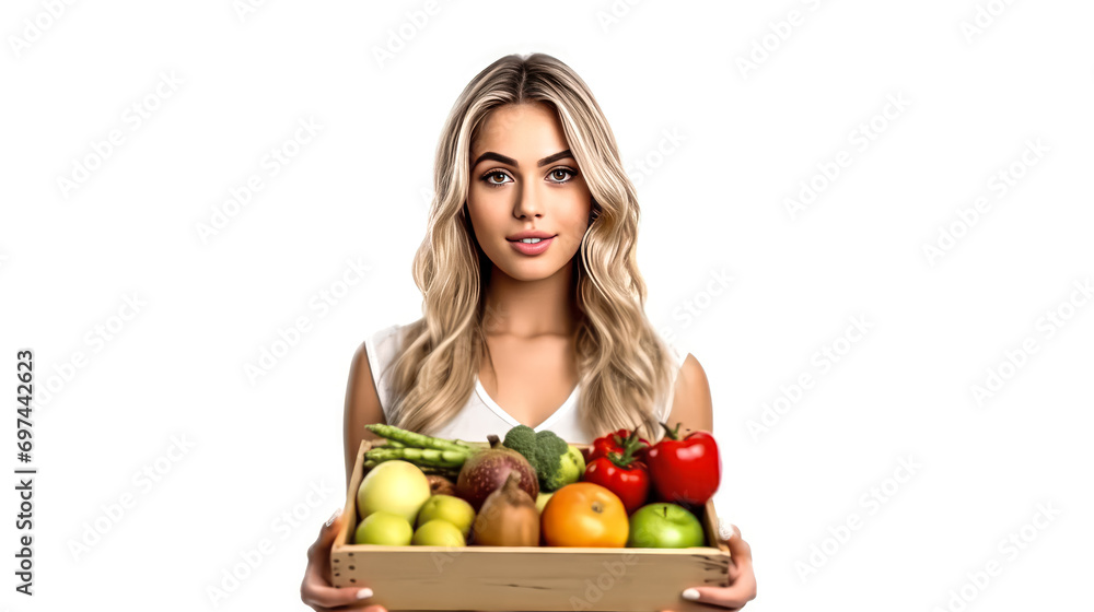 girl with a box of fruits and vegetables on a white background girl with a box of fruits and vegetables on a white background