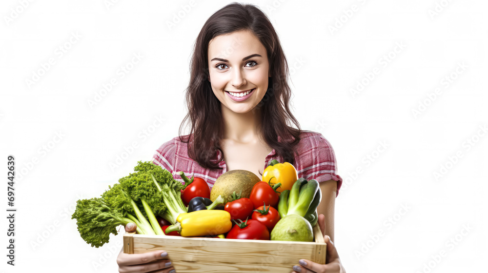 girl with a box of fruits and vegetables on a white background girl with a box of fruits and vegetables on a white background