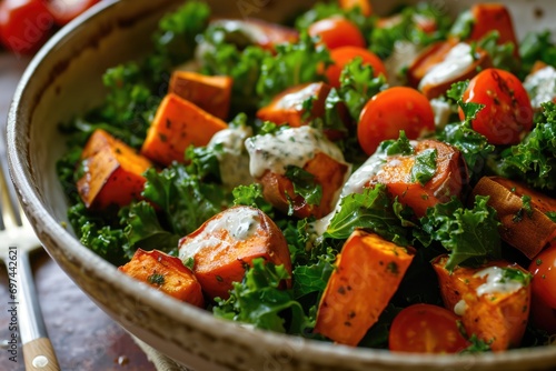 Wholesome Bliss: Elevate Your Plate with a Fresh and Vibrant Roasted Sweet Potato and Kale Salad, Tossed in a Creamy Lemon-Tahini Dressing—A Delicious Journey of Balanced Flavors and Healthy Goodness.