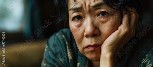 Distressed Asian woman in her middle age. photo