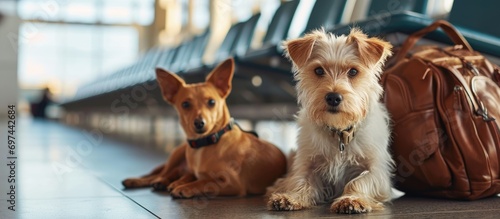 Pets awaiting boarding on vacation at airport terminal, bags beside them. photo