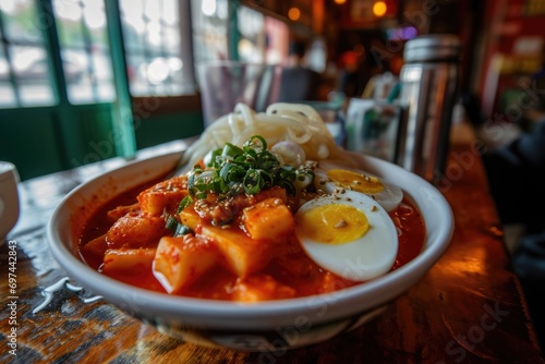 Korean Street Food Experience: Tteokbokki (Spicy Rice Cake) - Soft and Chewy Rice Cakes Coated in a Sweet and Spicy Gochujang-Based Sauce, Accompanied by Fish Cakes and Boiled Eggs.