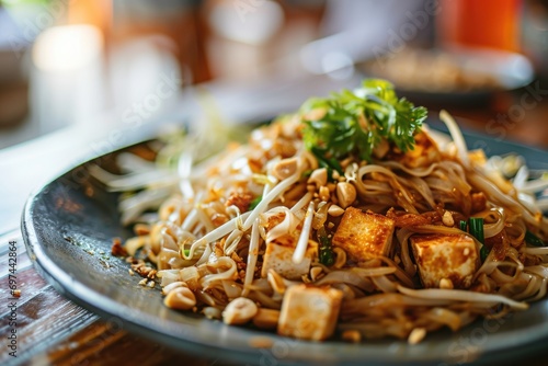 Thai Fusion Delight: Vegetarian Pad Thai - Stir-Fried Rice Noodles with Tofu, Bean Sprouts, Peanuts, and a Flavorful Tamarind-Based Sauce - A Savory and Satisfying Thai-Inspired Dish.

 photo