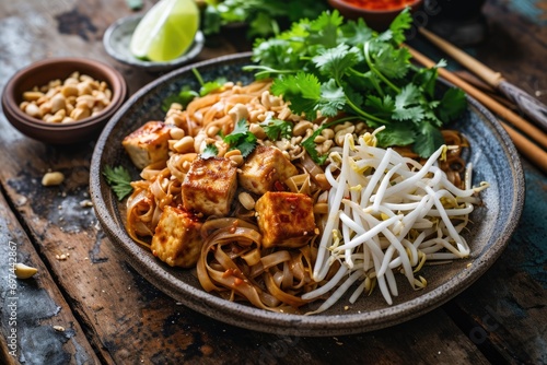 Thai Fusion Delight: Vegetarian Pad Thai - Stir-Fried Rice Noodles with Tofu, Bean Sprouts, Peanuts, and a Flavorful Tamarind-Based Sauce - A Savory and Satisfying Thai-Inspired Dish.

