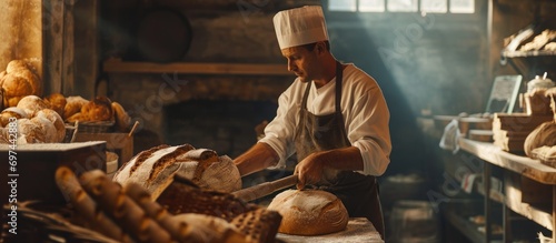 Baker displaying fresh bread on a shovel in the bakery.