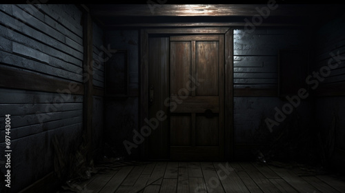Illustration of creepy dark scary door. AI Generative photo