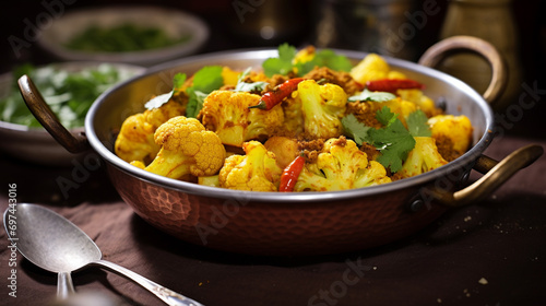 Indian Vegan Aloo Gobi Dish with Potatoes and Cauliflower. AI Generative photo