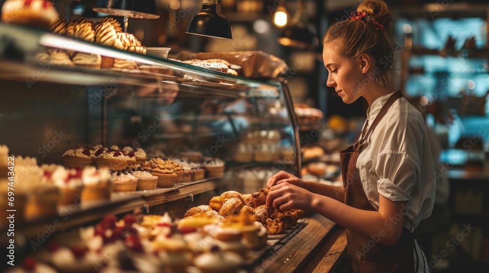 A Woman Standing in Front of a Counter Filled With Pastries