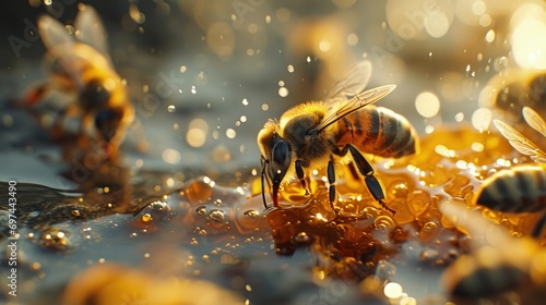 Group of Bees Gathered Around a Honey Pile