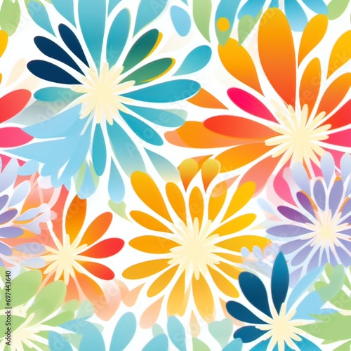 flowers vector pattern, bright yellow green orange pink and blue colour pallette, clean lines, high resolution