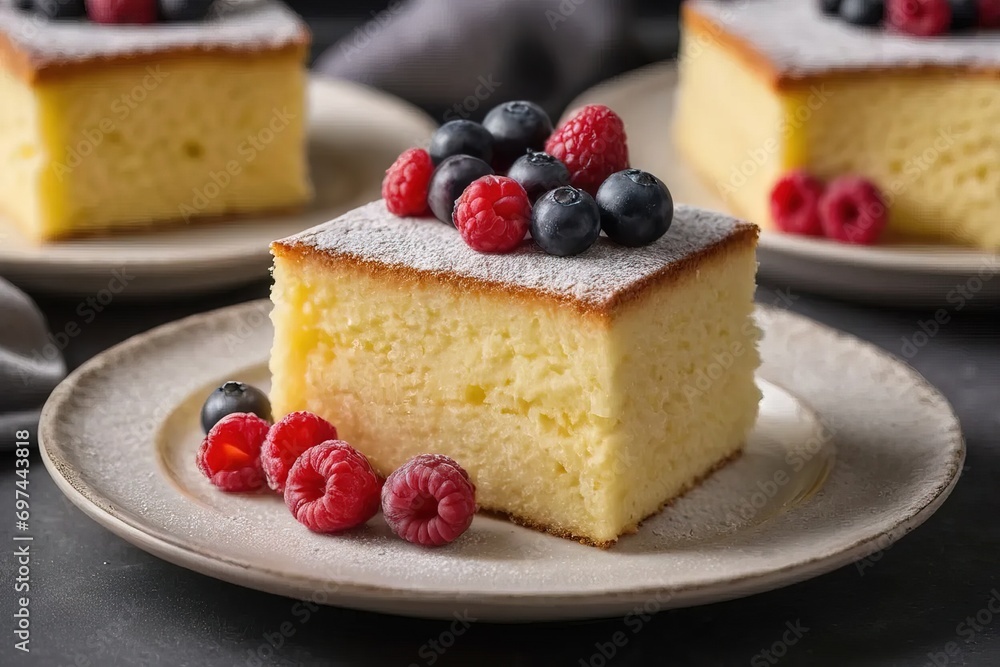 Portion on a plate of a cake with three fruity flavors. Portion on a plate of a cake with three fruity flavors.