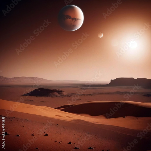 A red planet, like Mars, with an unexplored horizon.