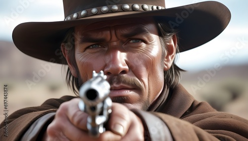 An old west gunslinger aims his pistol, cinematic close-up.