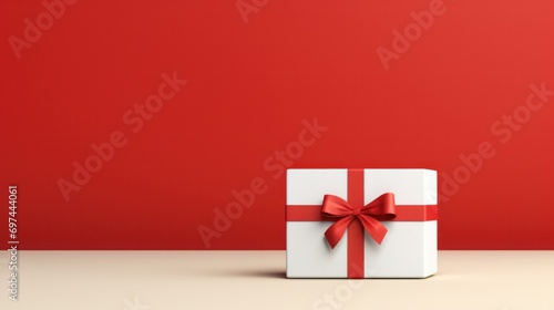 Festive gift box with ribbon on red backdrop. Holiday celebration and gift-giving © Postproduction