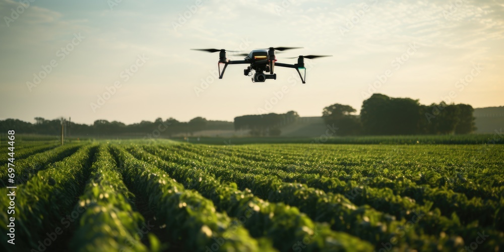 A drone flying over a field of crops A drone flying over a field of crops