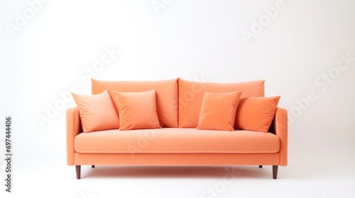 An orange couch with four pillows on top of it, peach fuzz, trendy color of the year 2024. photo