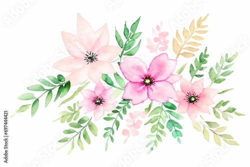 Floral watercolor composition with pink flowers and green leaves.
