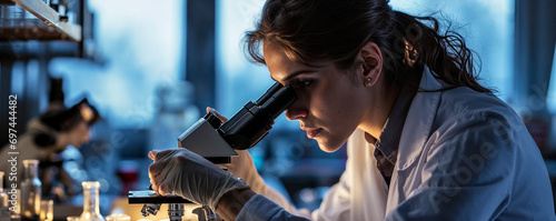 une femme en blouse blanche en train de regarder dans un microscope