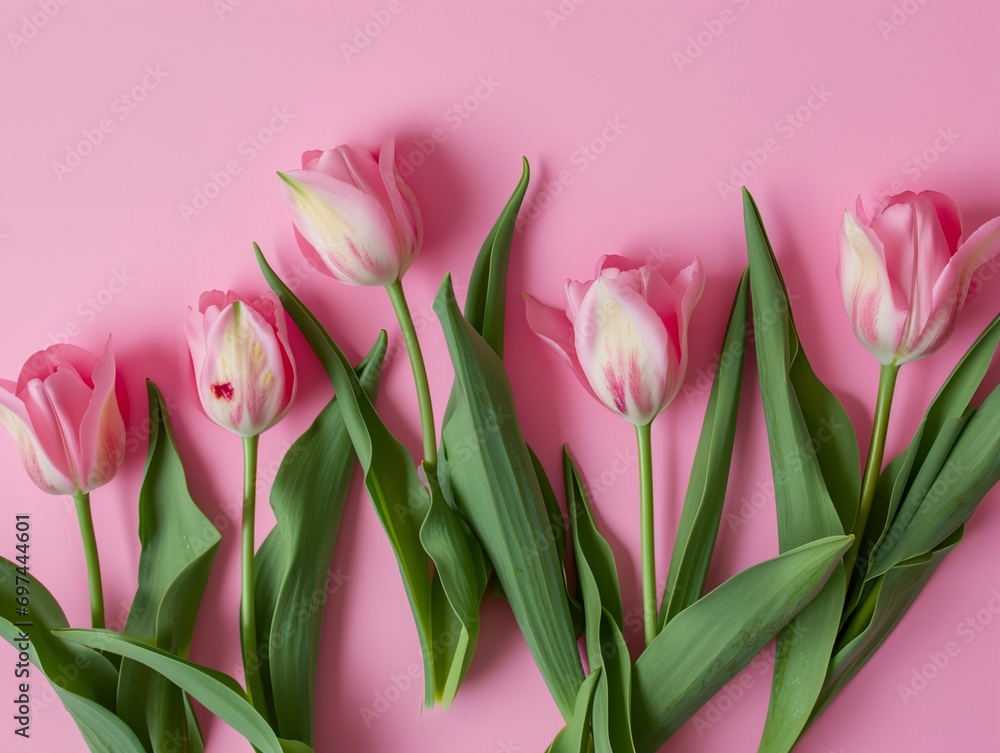 Fototapeta premium Pink tulips on pink background, top view.
