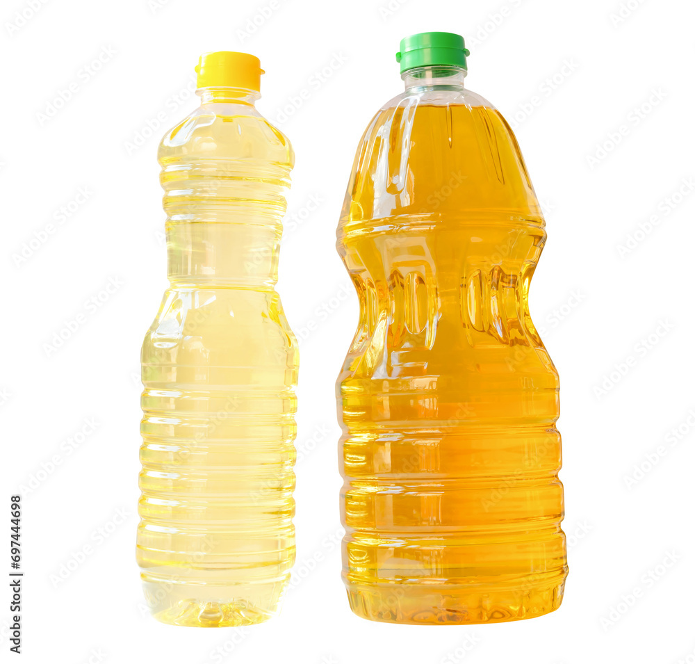Two bottle of vegetable oils in set isolated on white background. Top view and flat lay Two bottle of vegetable oils in set isolated on white background. Top view and flat lay