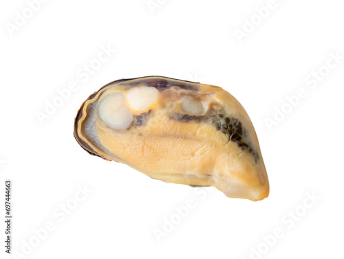 Steamed or cooked food of fresh beautiful green mussels meat isolated on white background with clipping path in png file format