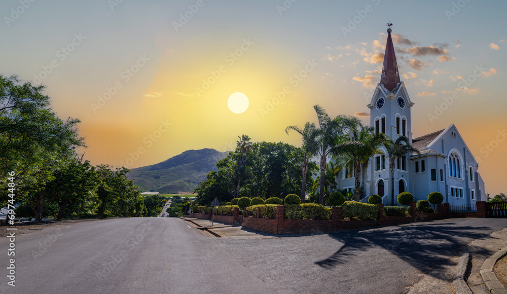 NG Kerk church and Riebeek-Kasteel village during sunset, Western Cape, South Africa