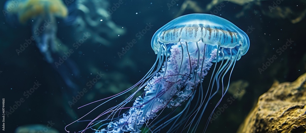 Blue-water jellyfish with long tentacles called Nomura's Jellyfish, or ...