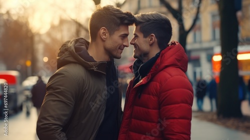 Affectionate male couple enjoying romantic moment on city street. Love and relationship. © Postproduction