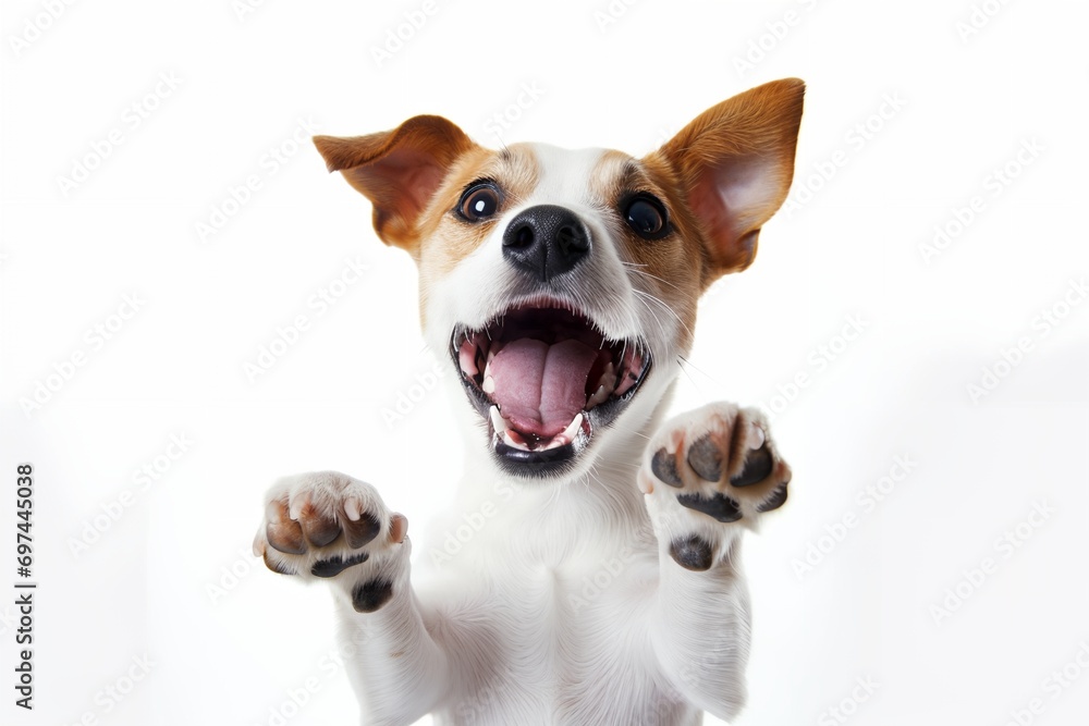 Cute puppy jack russel dog showing its paws and smiling, white background.