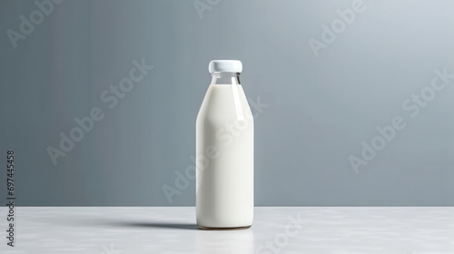 glass bottle with fresh milk on a clean gray background.