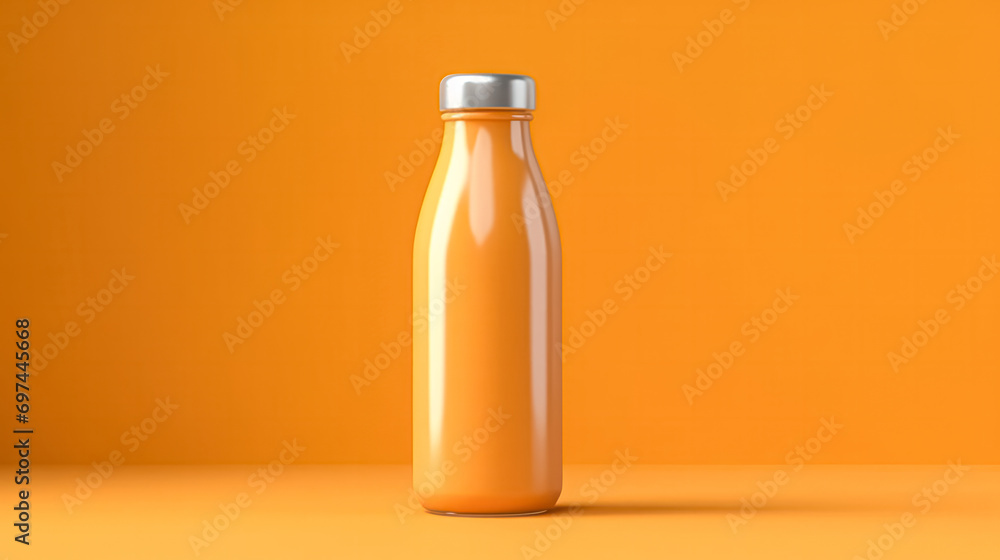 Orange juice in a glass bottle on an orange backdrop. Orange juice in a glass bottle on an orange backdrop.