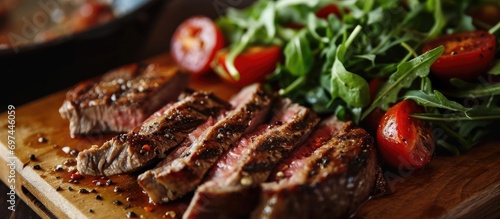 Close-up of sliced grilled beef striploin steak and salad with tomatoes and arugula on cutting board. photo