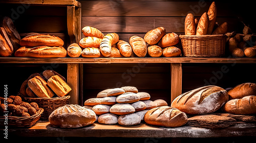 A variety of freshly baked bread on a wooden bakery table. © Алла Морозова