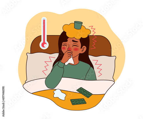 Woman ill with flu sitting in bed on white background