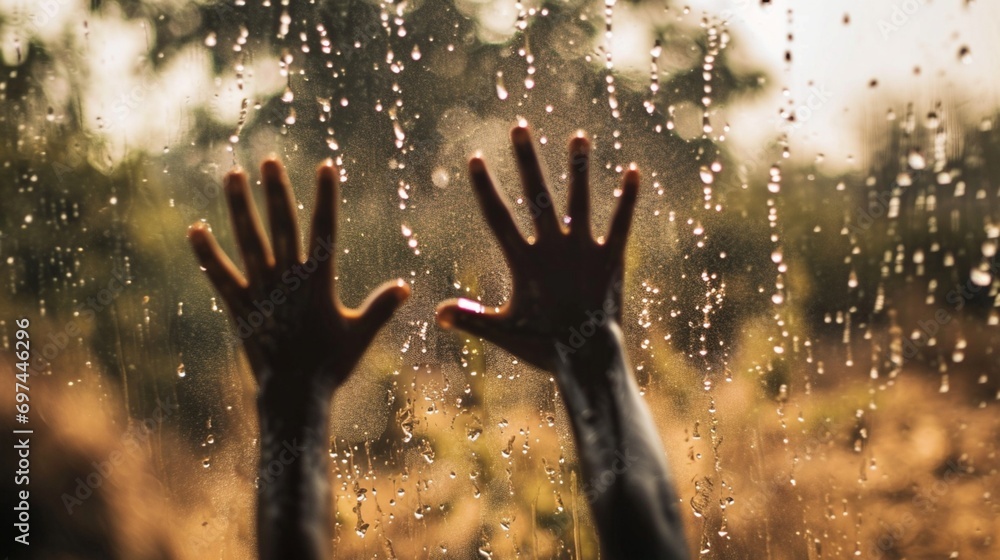 A blurred image of hands reaching out for rain in a drought-stricken area, highlighting the impact of climate change on water scarcity.