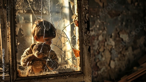 A cracked mirror reflecting a child holding a faded teddy bear, symbolizing the loss of childhood in poverty.