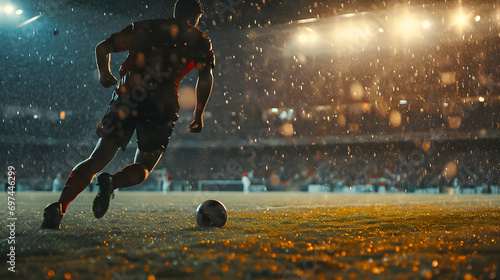 Football player in action on a rainy night under stadium lights.