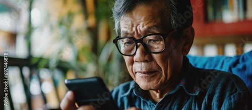 Elderly Asian man with eyesight issues removes glasses while using smartphone after browsing internet or social media at home. photo