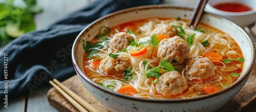 Soup made with vermicelli, vegetables, and meatballs. photo