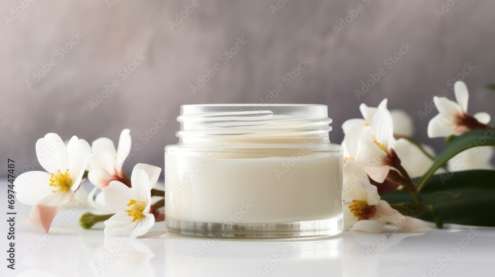 whitening and moisturizing Face cream in an open glass jar and flowers on white background. Set for spa, skin care and body products and solutions for skin problems such as scars, acne, wrinkles. whitening and moisturizing Face cream in an open glass jar and flowers on white background. Set for spa, skin care and body products and solutions for skin problems such as scars, acne, wrinkles.