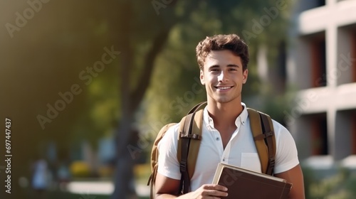 Handsome student man with backpack and books outdoor. Smile boy happy carrying a lot of book in college campus. Portrait male on international University. Education, study, school photo
