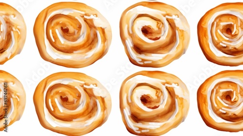 Freshly Baked Sticky Bun Watercolor Horizontal Seamless Background. Crusty Pastry, Gourmet Bakery. Ai Generated Seamless Background with Aromatic Traditional Sticky Bun Bright Drawing.