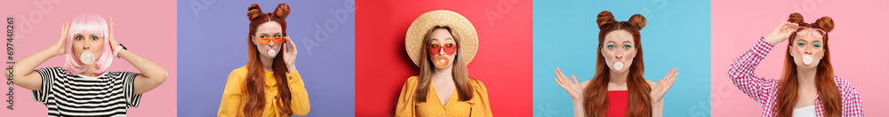 Women blowing bubble gums on color backgrounds, set of photos Women blowing bubble gums on color backgrounds, set of photos