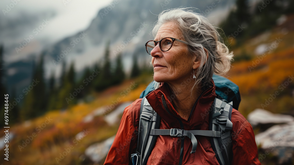 A middle-aged European woman is walking in the mountains on vacation for exercise and being with nature. Exercise ideas for good health and being mindful of nature, generative ai