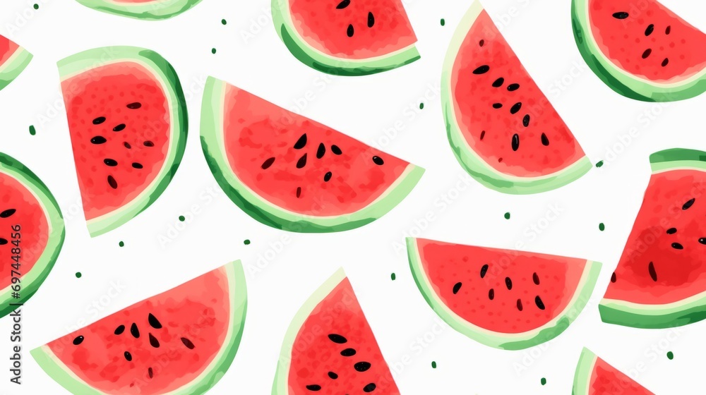 Fresh Organic Watermelon Fruit Watercolor Horizontal Seamless Background. Healthy Vegetarian Diet. Ai Generated Seamless Background with Delicious Juicy Watermelon Fruit Bright Drawing.