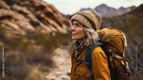 A middle-aged European woman is walking in the mountains on vacation for exercise and being with nature. Exercise ideas for good health and being mindful of nature, generative ai